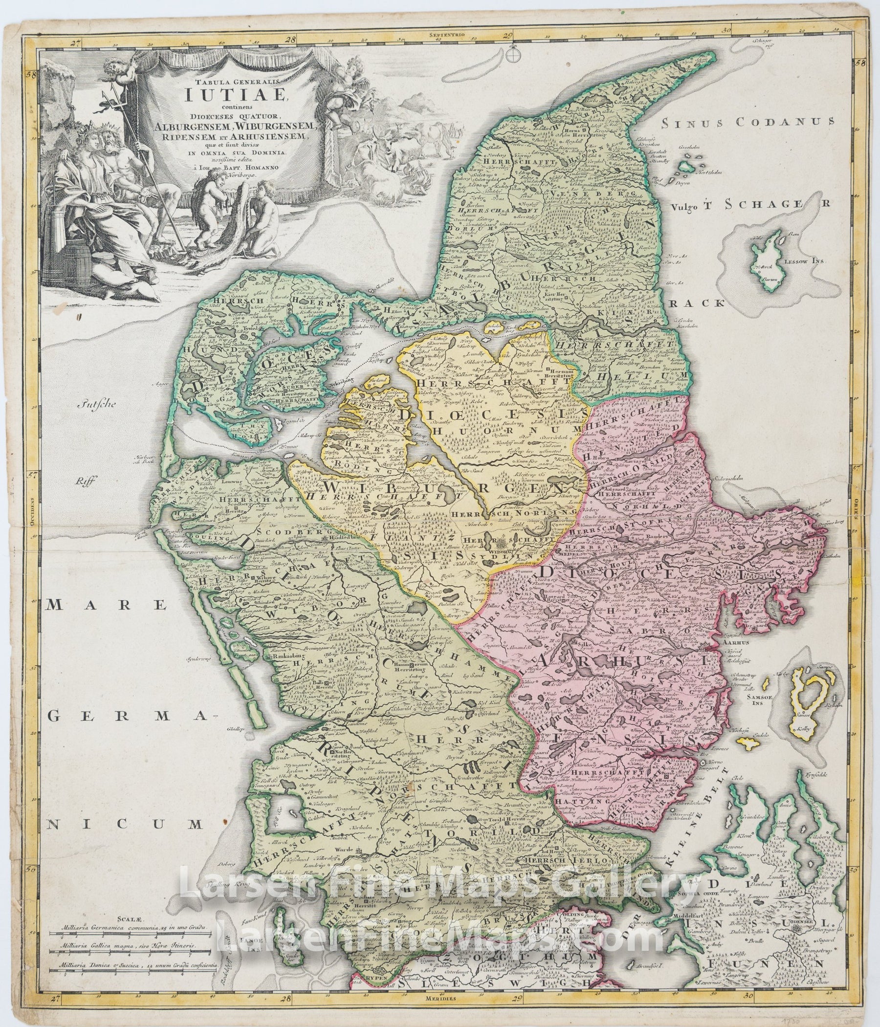 Tabula Generalis Iutiae continens Dioecenses Quatuor, Alburgensem, Wiburgensem, Ripensem et Archusiensem, Johann Baptist Homann