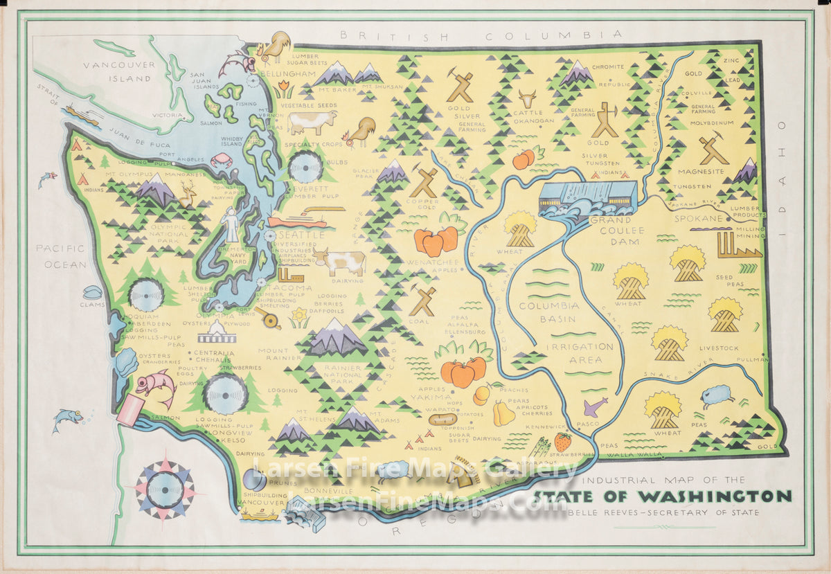 Industrial Map of The State of Washington, Belle Reeves, Secretary of State