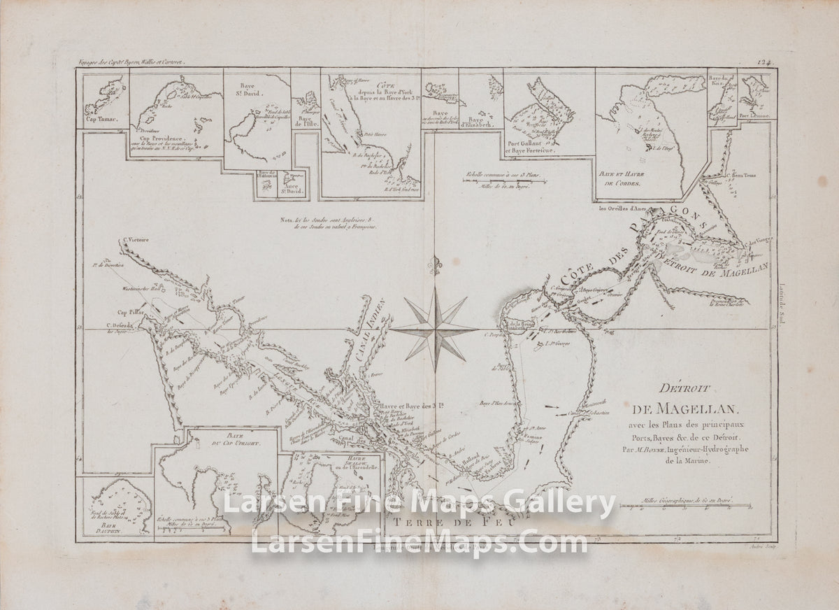 Détroit De Magellan, avec les Plans des principaux Ports, Bayes &c. de ce Détroit. Par M. Bonne, Ingénieur-Hydrographie de la Marine