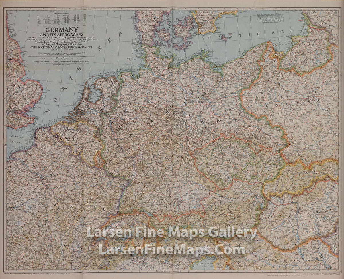 Germany And Its Approaches with International Boundaries as of September 1, 1939, National Geographic