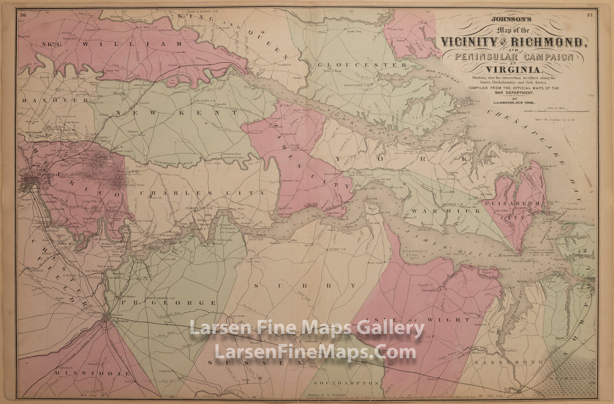 Johnson's Map of the Vicinity of Richmond, & Peninsular Campaign, Virginia A.J. Johnson 