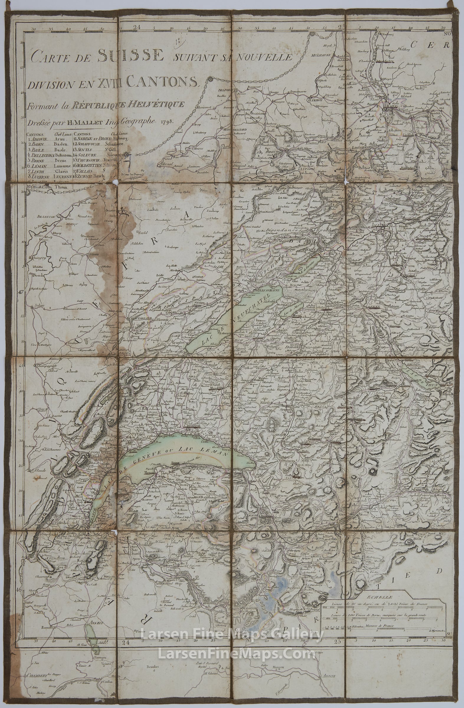 Carte De Suisse Suivant Sa Nouvelle Division En XVIII Cantons Formant al Republique Helvetique,  Mallet, Henri, Monty, F. Geneva