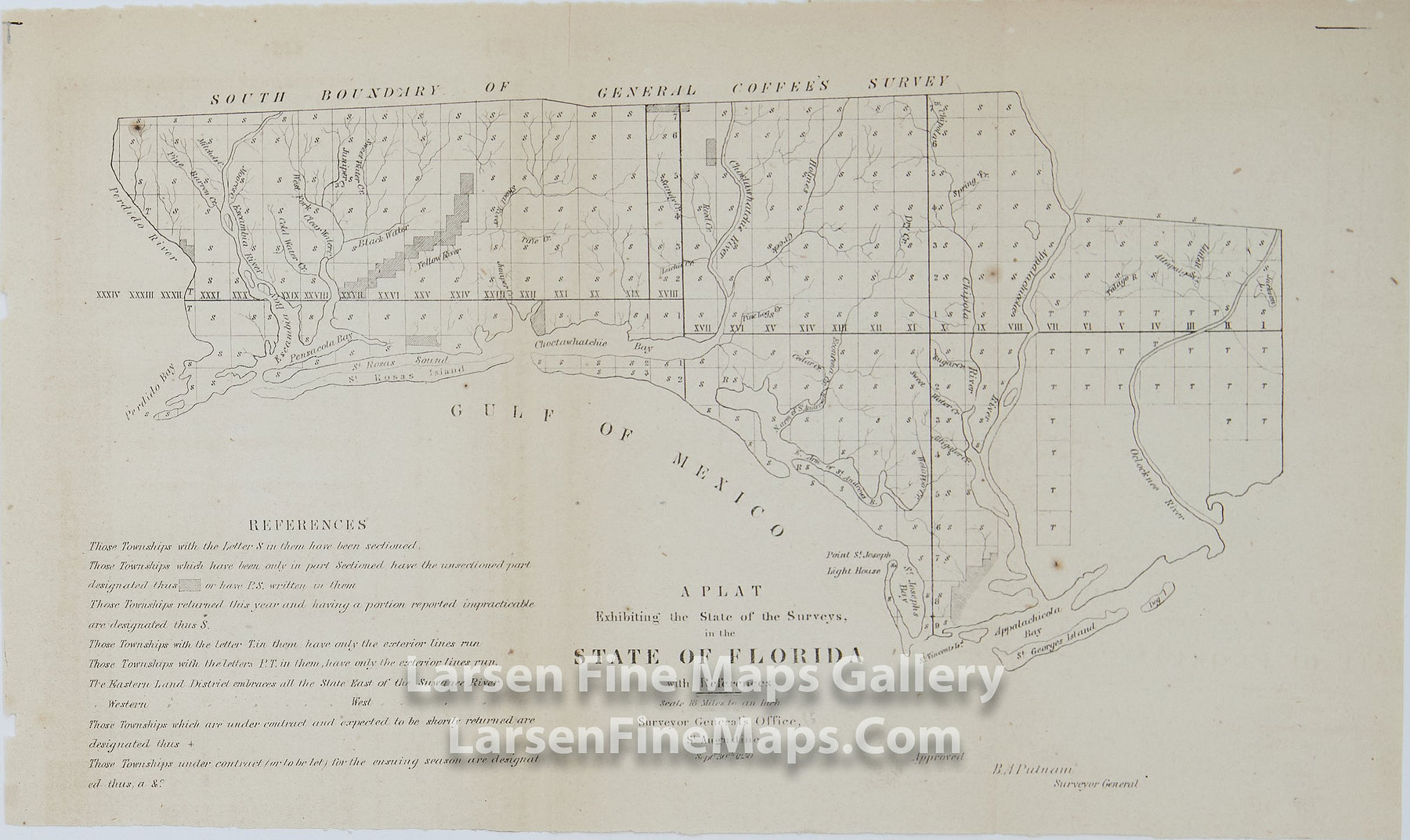 A Plat Exhibiting the State of the Surveys, in the State of  Florida with References, B.A. Putnam, Surveyor General Details