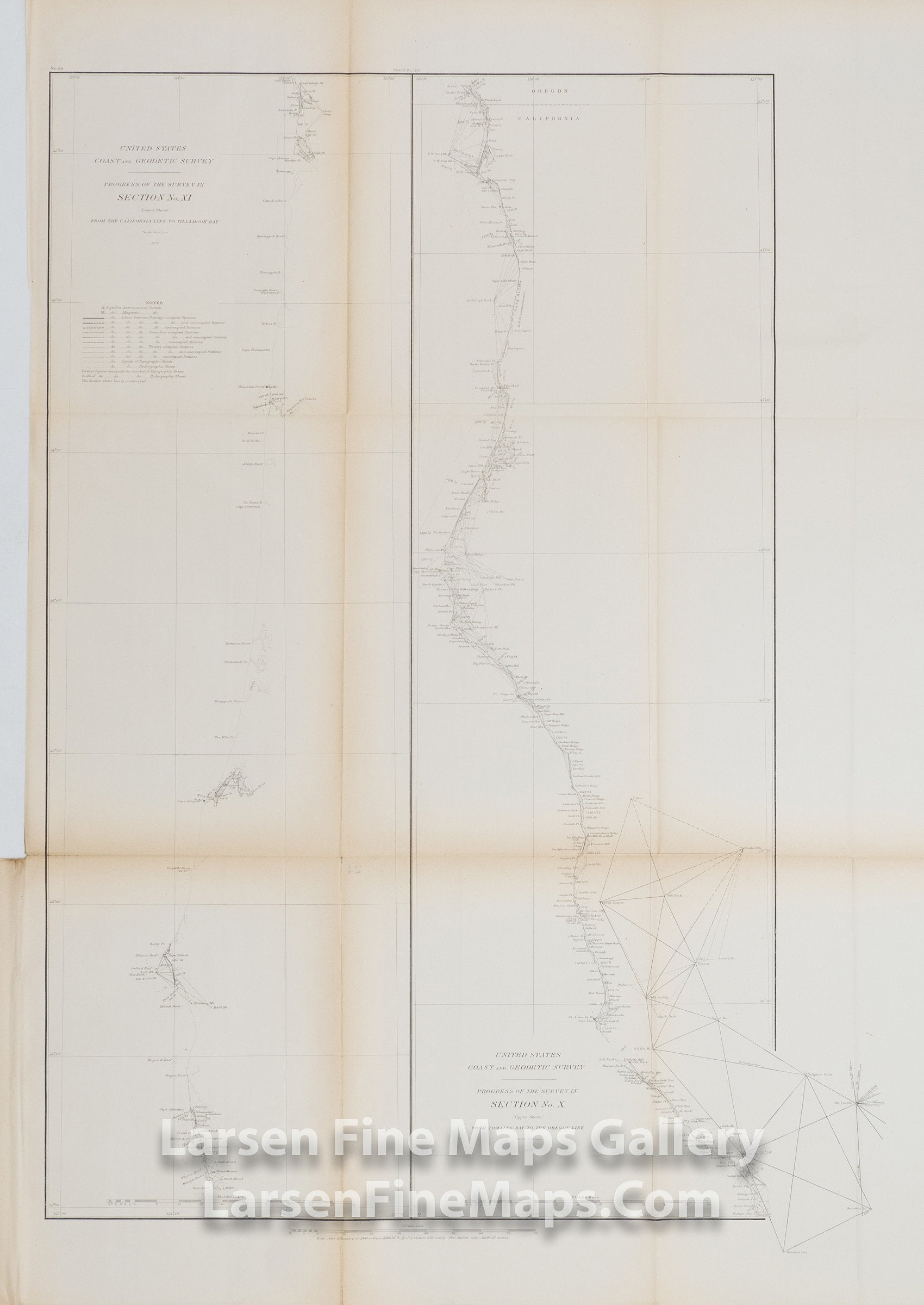 Sketch Showing the Progress of the Survey in Section X (Upper Sheet). Coast of California from Tomales Bay to the Oregon line, and Section XI (Lower Sheet), Coast of Oregon, from the California line to Tilllamook Bay
